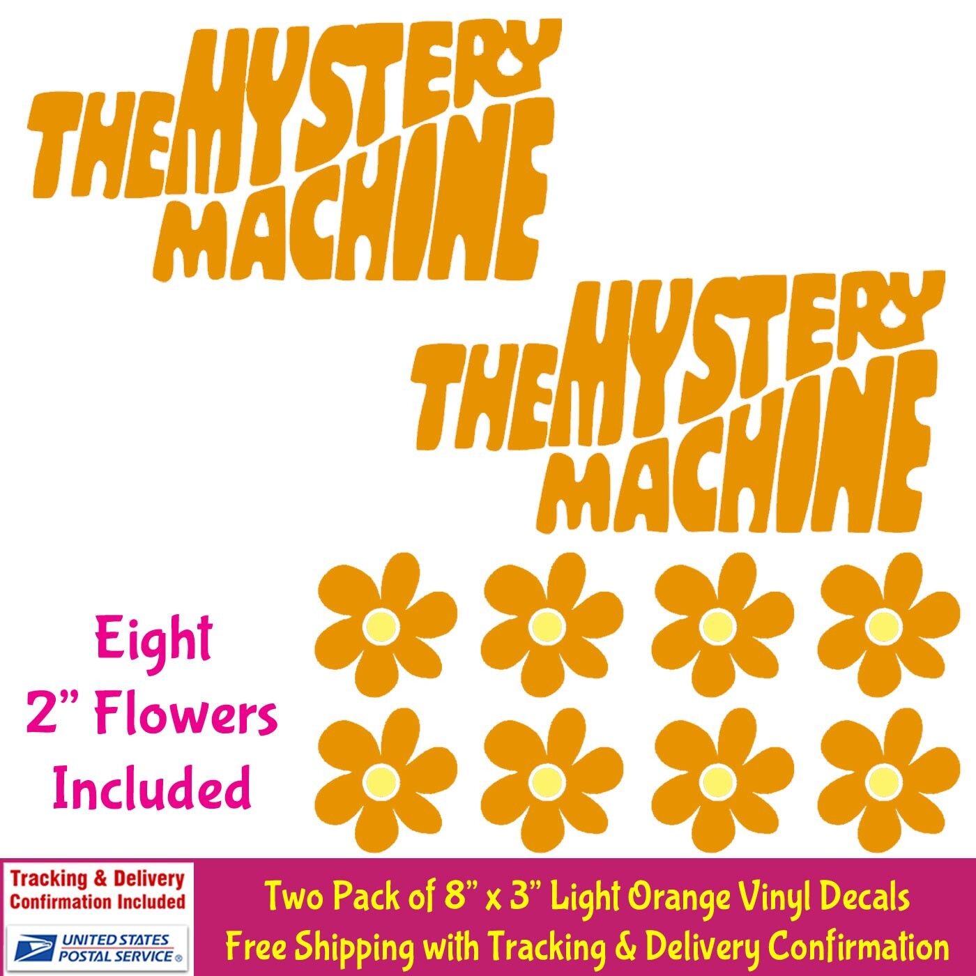The Mystery Machine 8″ Logo & Hippie Flowers Orange Vinyl Decal Car Van Window