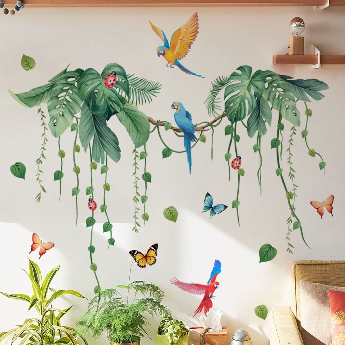 Wall Stickers Tropical Plant Parrot Jungle Butterfly Bird Home Decor All Rooms