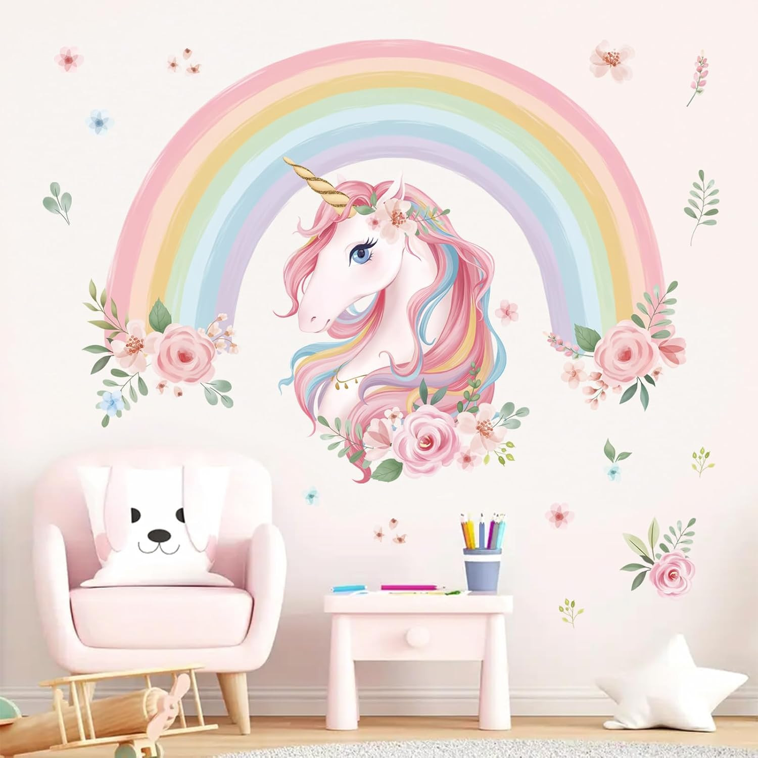 Wondever Large Rainbow Wall Decals Unicorn Flower Peel and Stick Wall Art Sticke
