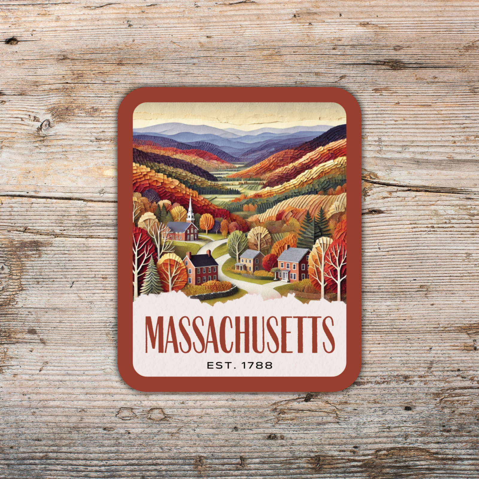 Massachusetts State Sticker, Paper Collage Look, Berkshire Village Vinyl Decal