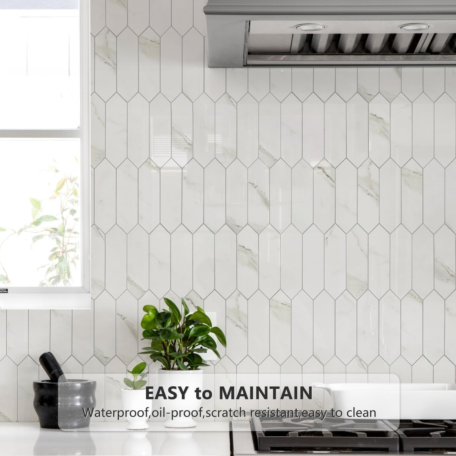 Peel & Stick Hexagon Backsplash Tile, Glossy White Marble, 12.8″ PVC 10 Sheets