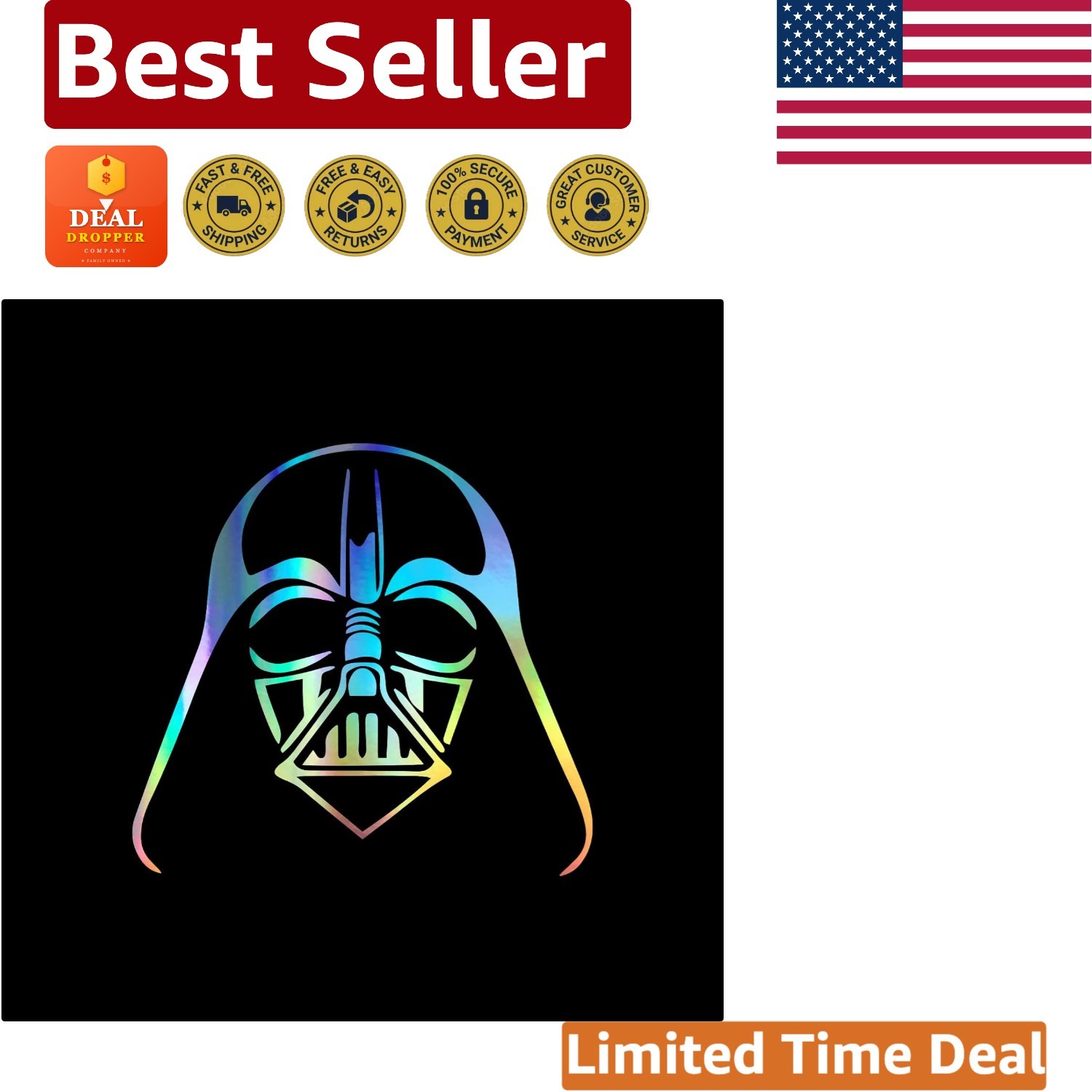 American Flag Darth Vader Decal – 5.5″ Holographic Vinyl Sticker for Vehicles