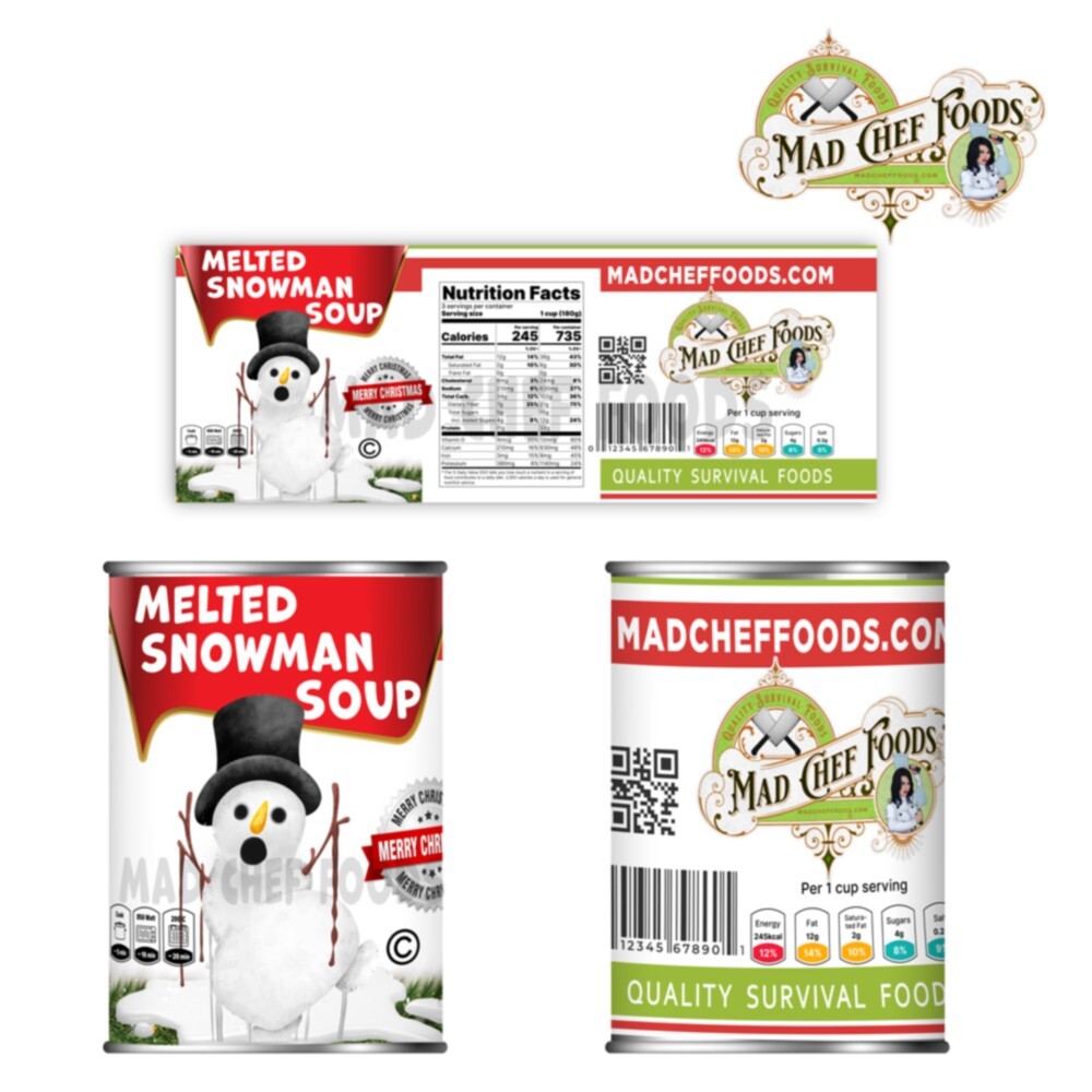 FUNNY CHRISTMAS Melted Snowman Soup Can Label Wt Elephant Gag Gift Sticker 4x 9″
