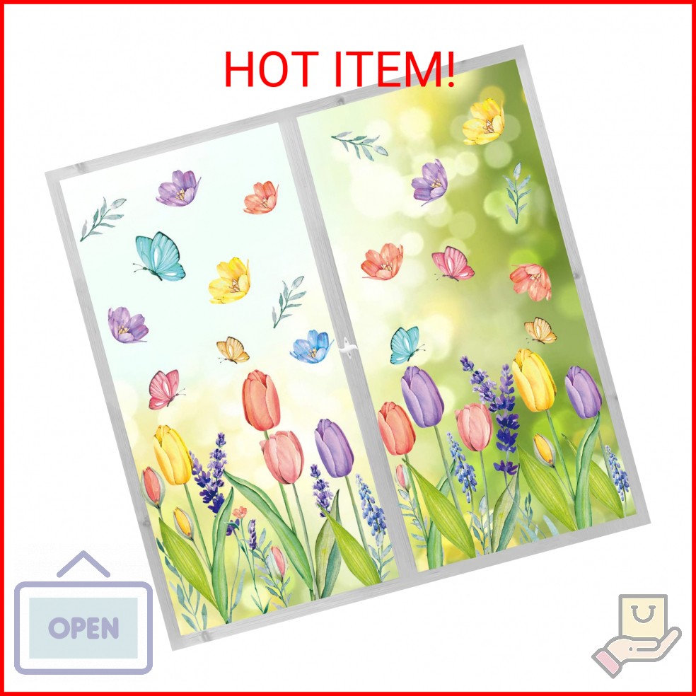 Horaldaily 67 PCS Spring Summer Window Cling Sticker, Tulip Butterfly Flower Dec