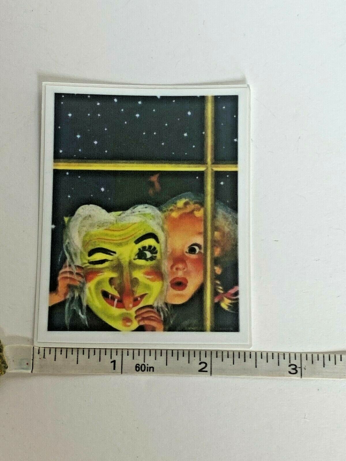 Vintage Halloween from the Window Girl Mask Vinyl Sticker 3″ Fade Resistant