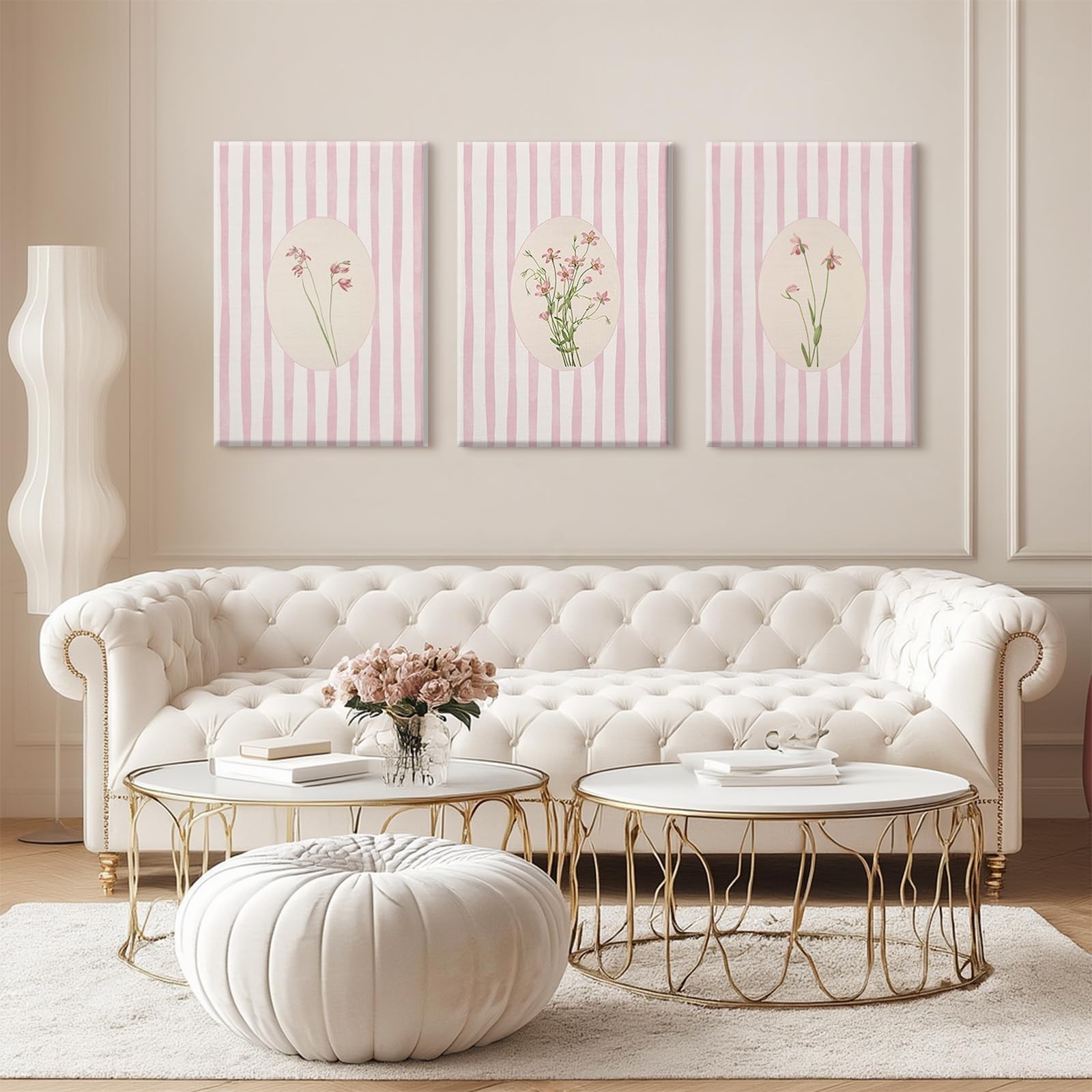 Pink Flower Wall Art Striped Floral Prints Botanical Canvas Wall Decor Aesthe…