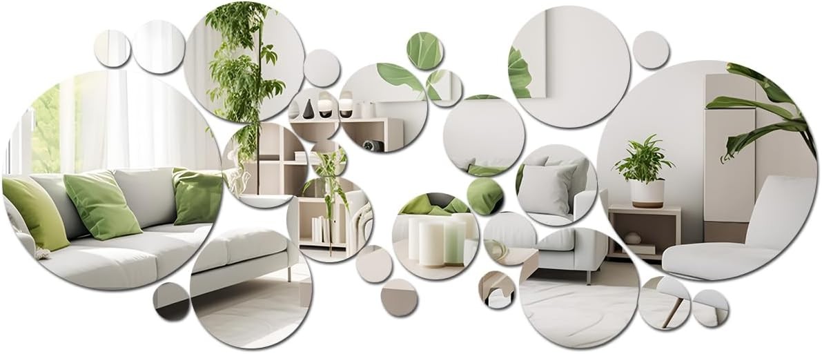 Acrylic Circle Mirror Decals, 32-Pc Removable Wall Sticker Set for Home Decor