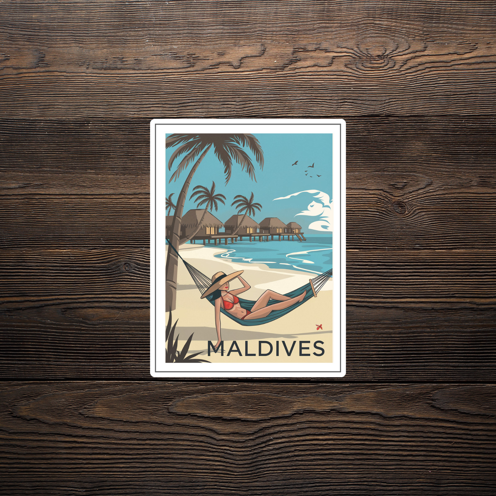 Vintage Maldives Travel sticker – Tropical Beach Hammock Art Print Decor #3130