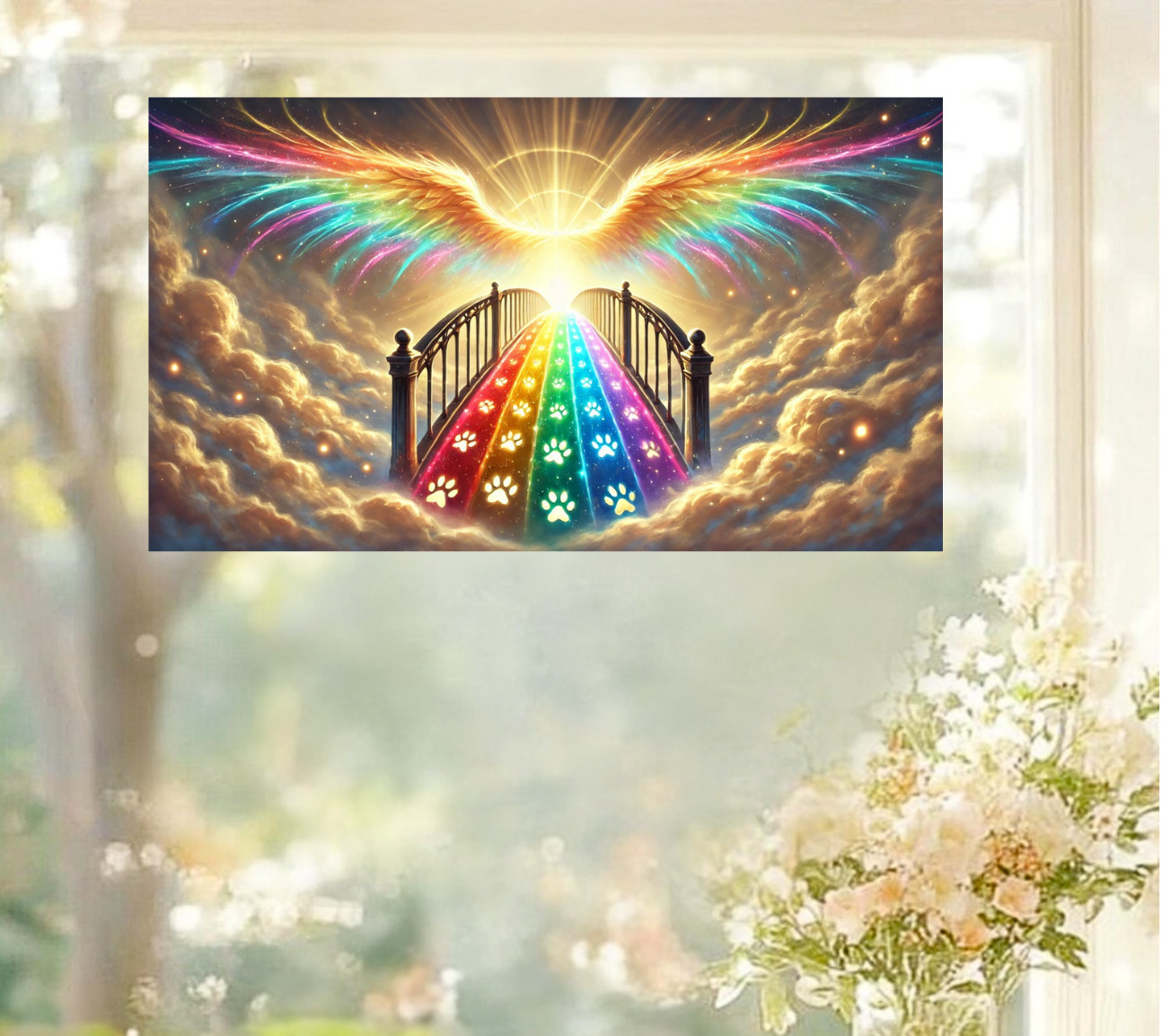 Angel Wings, Rainbow Bridge & Paw Prints WINDOW CLING Size 10.6″ Vinyl