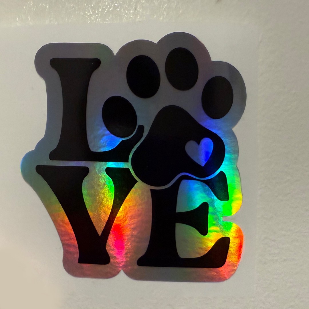 LOVE Paw Print Holographic Sticker –Dog Cat Lover Decal | Rainbow Pet Car Laptop