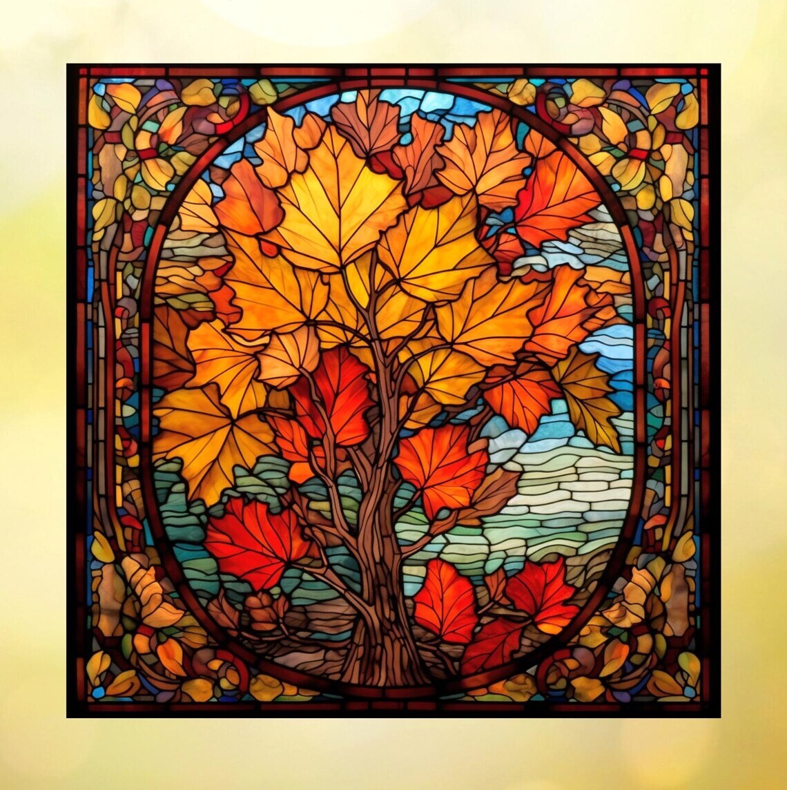 Fall Leaves & Tree Faux Stained-Glass WINDOW CLING Size 8″ Vinyl