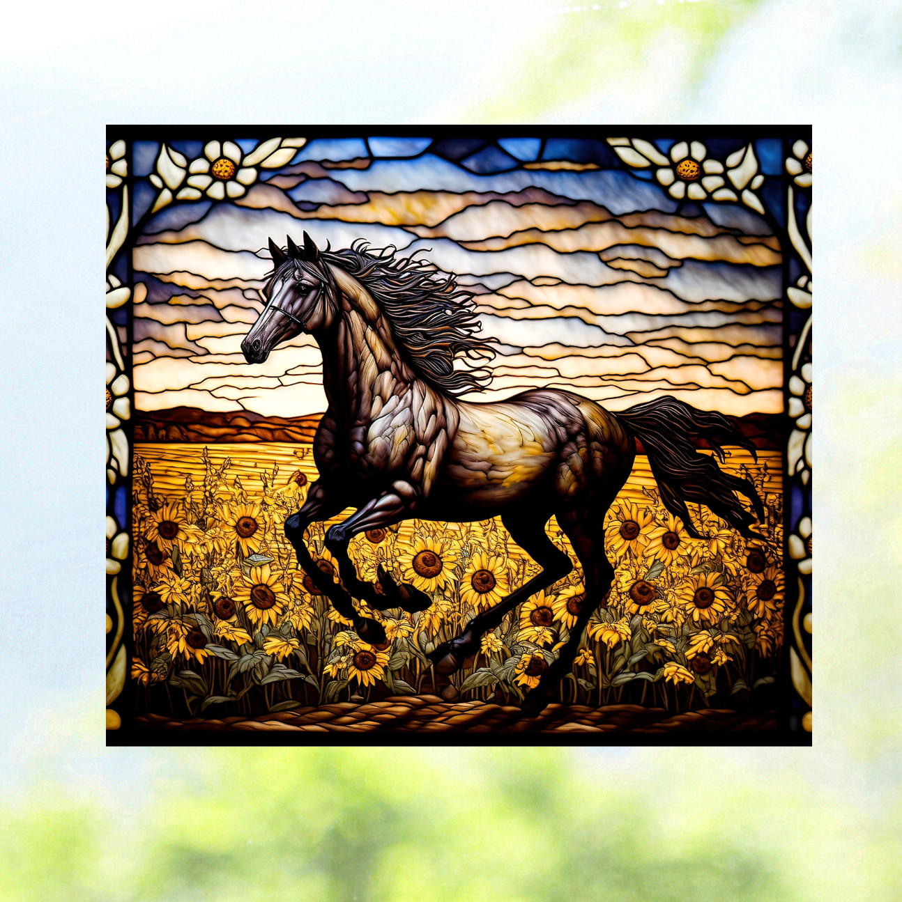 Galloping Horse and Sunflowers Faux Stained-Glass WINDOW CLING Size 9″ Vinyl