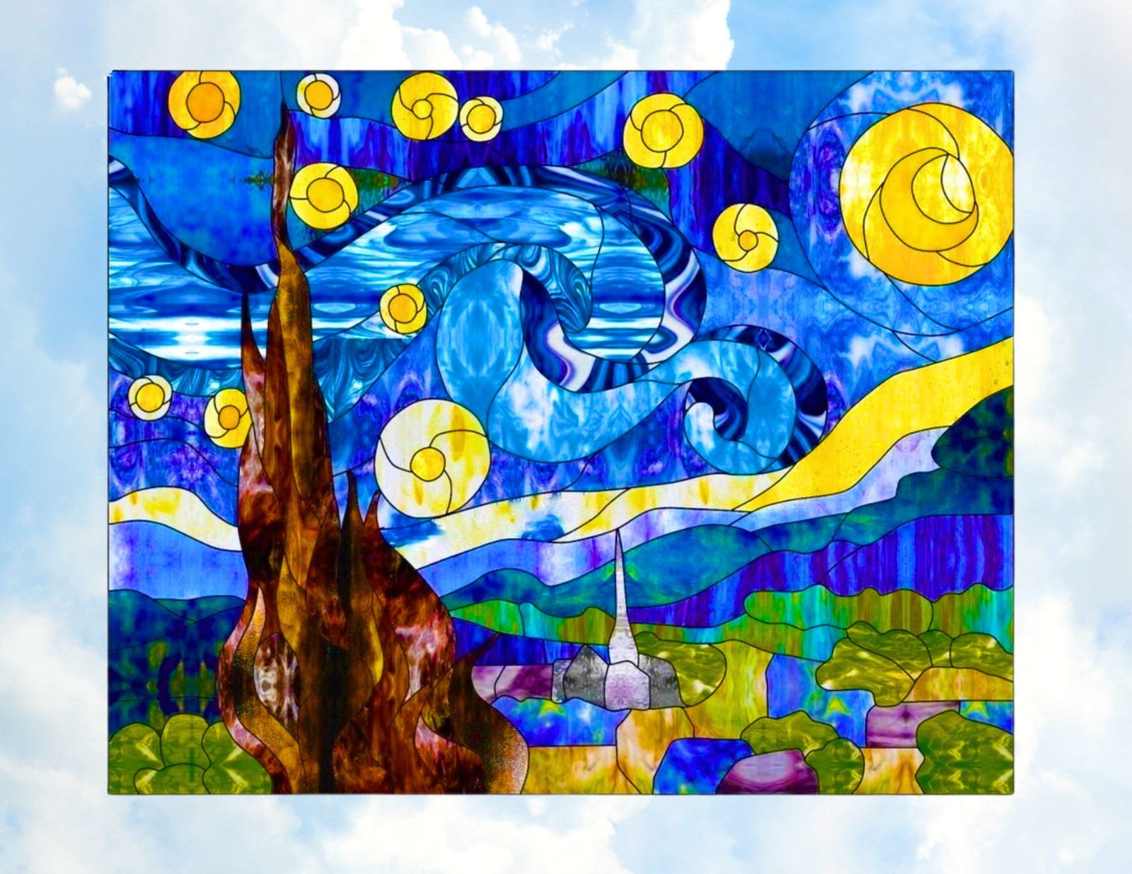 Starry Night Faux Stained Glass WINDOW CLING Size 10″ Repositionable Vinyl
