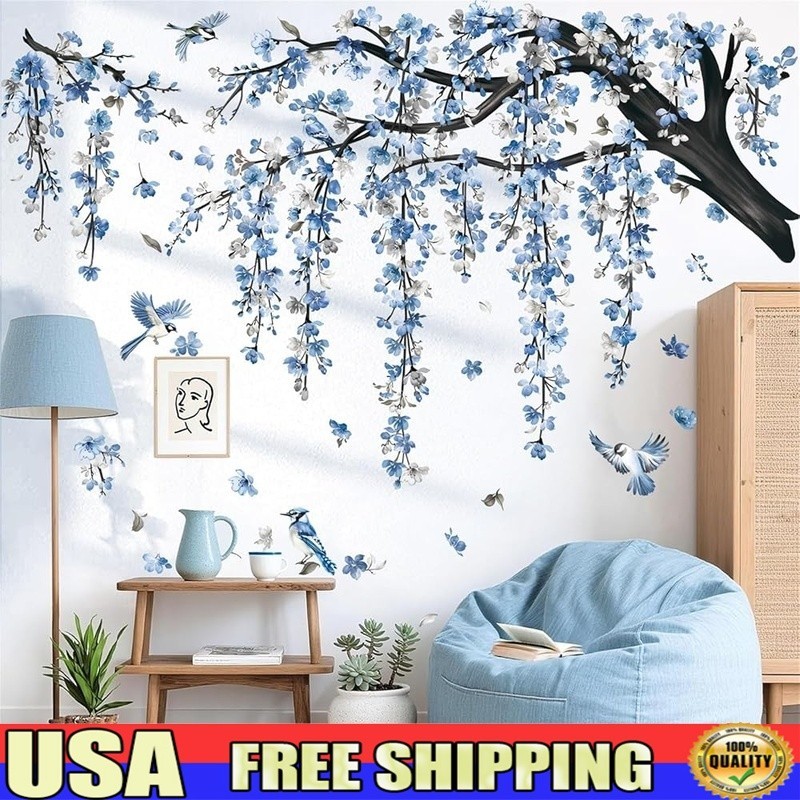 Botanical Wall Decal Birds Cherry Blossom Tree PVC Removable Home Decor 4 Sheets