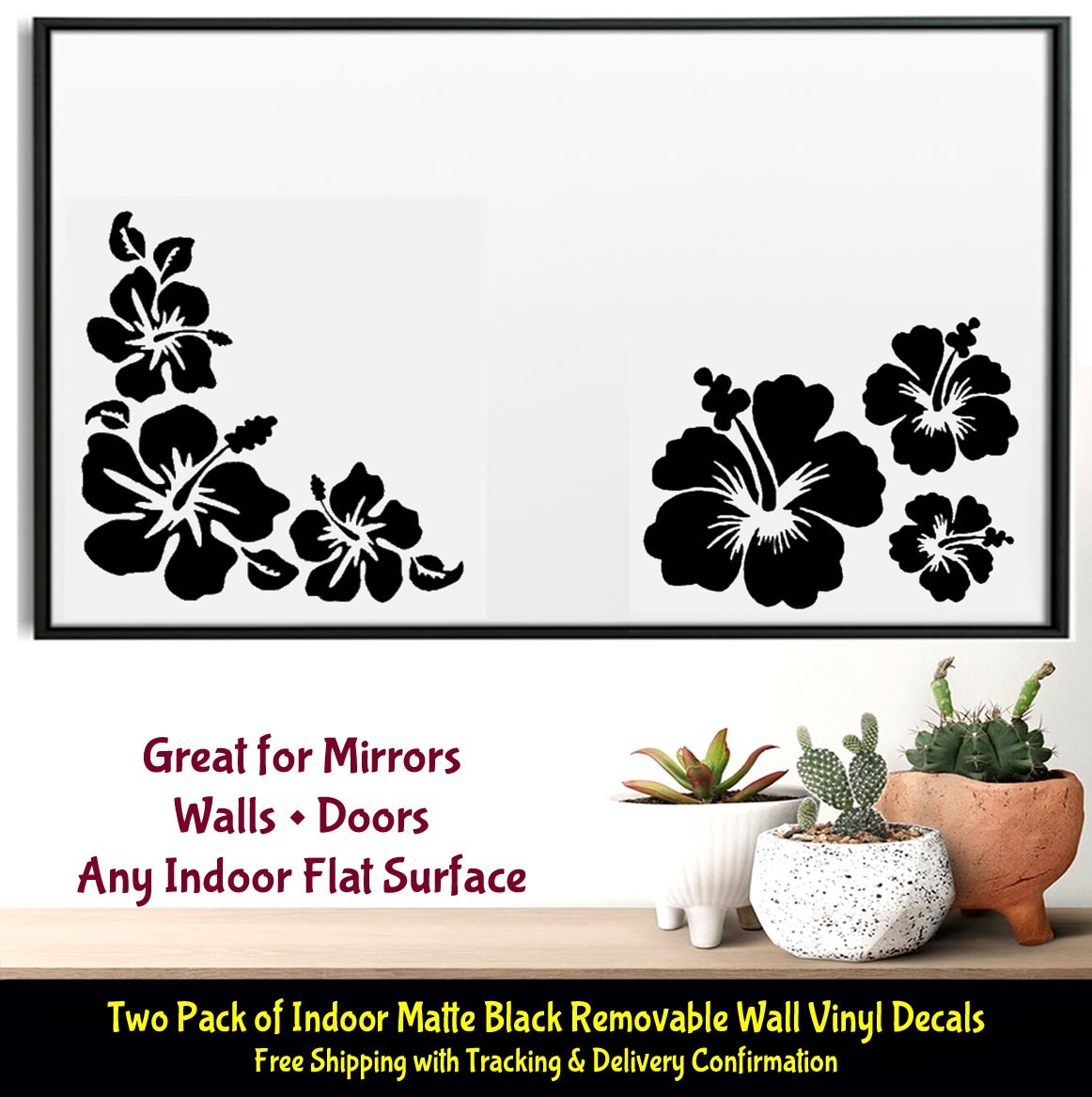 Hibiscus Hawaiian Flowers 2 Pack Indoor Matte Black Vinyl Decal Wall Door Mirror