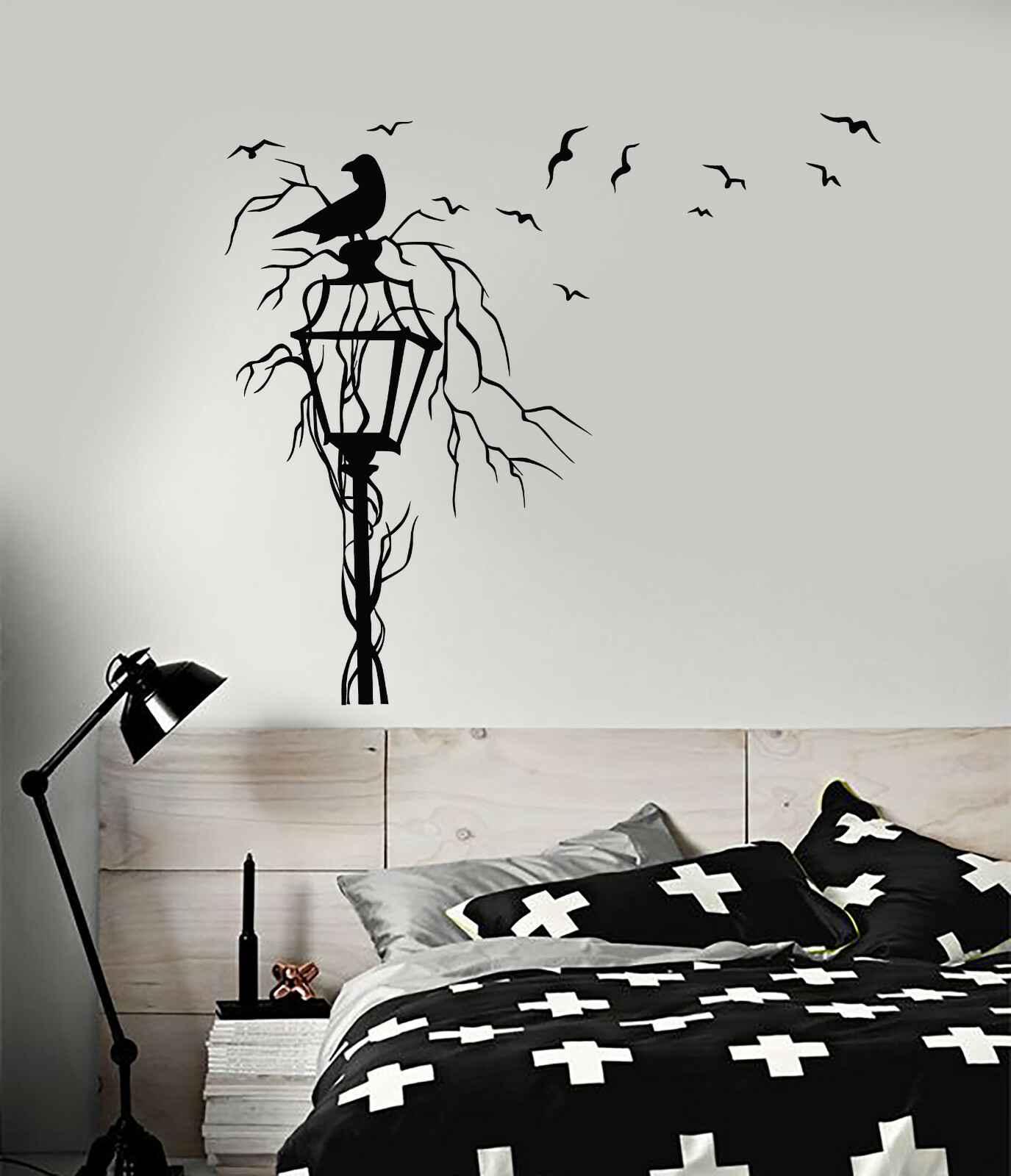 Vinyl Wall Decal Gothic Style Street Lamp Flock Of Birds Raven Stickers (3458ig)