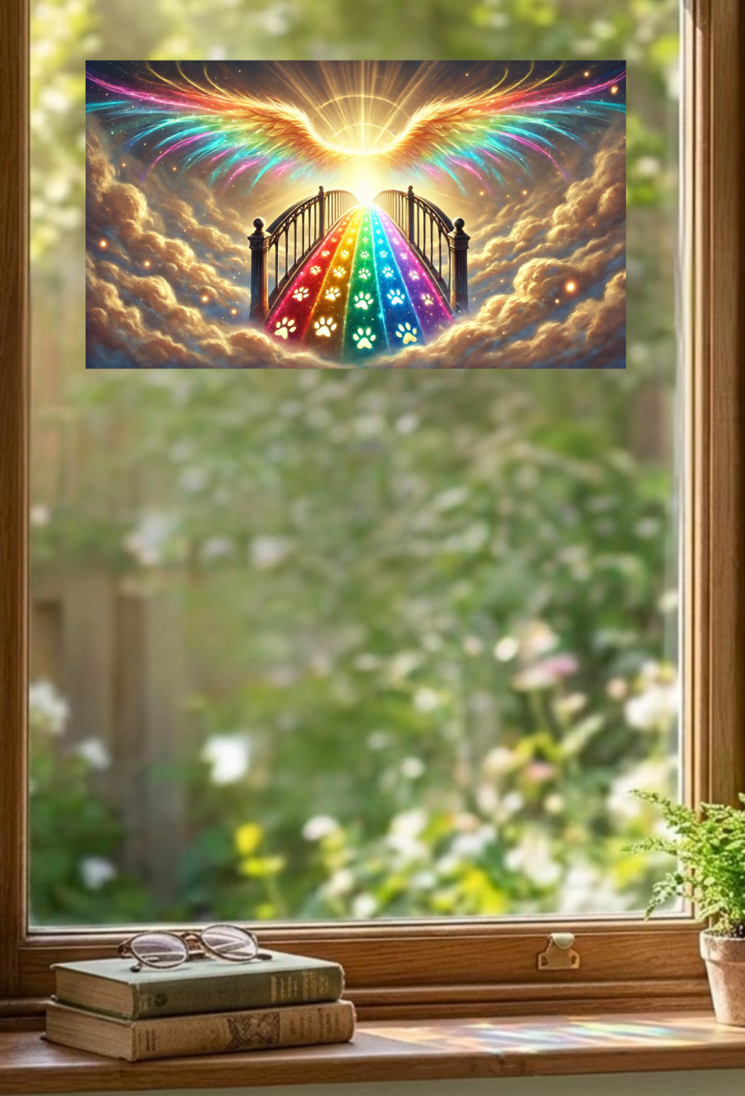 Angel Wings, Rainbow Bridge & Paw Prints WINDOW CLING Size 10.6″ Vinyl