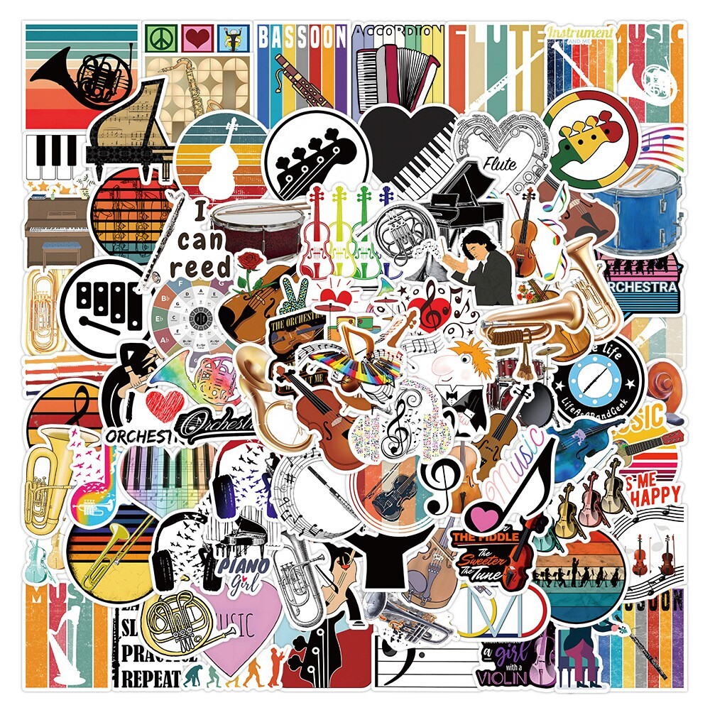 100pcs MUSIC INSTRUMENT Stickers,ORCHESTRA Flute Bassoon Reed Piano Violin, 237