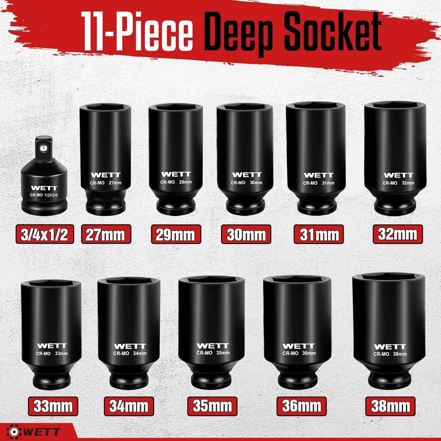 1/2″ Drive Deep Large Impact Socket Set, 11-Piece Spindle Axle Nut Wheel Wrench