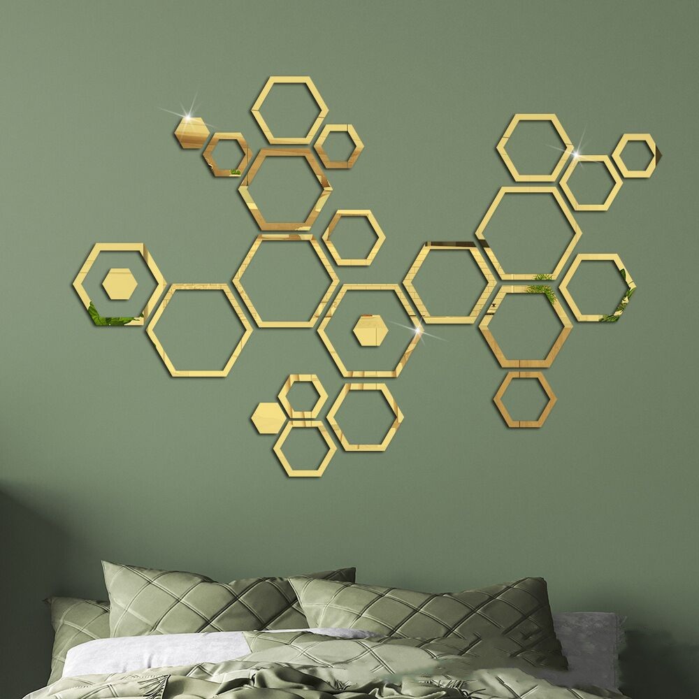 24Pcs Hexagon Frame Acrylic Mirror Stickers Modern Bedroom Wall Decoration