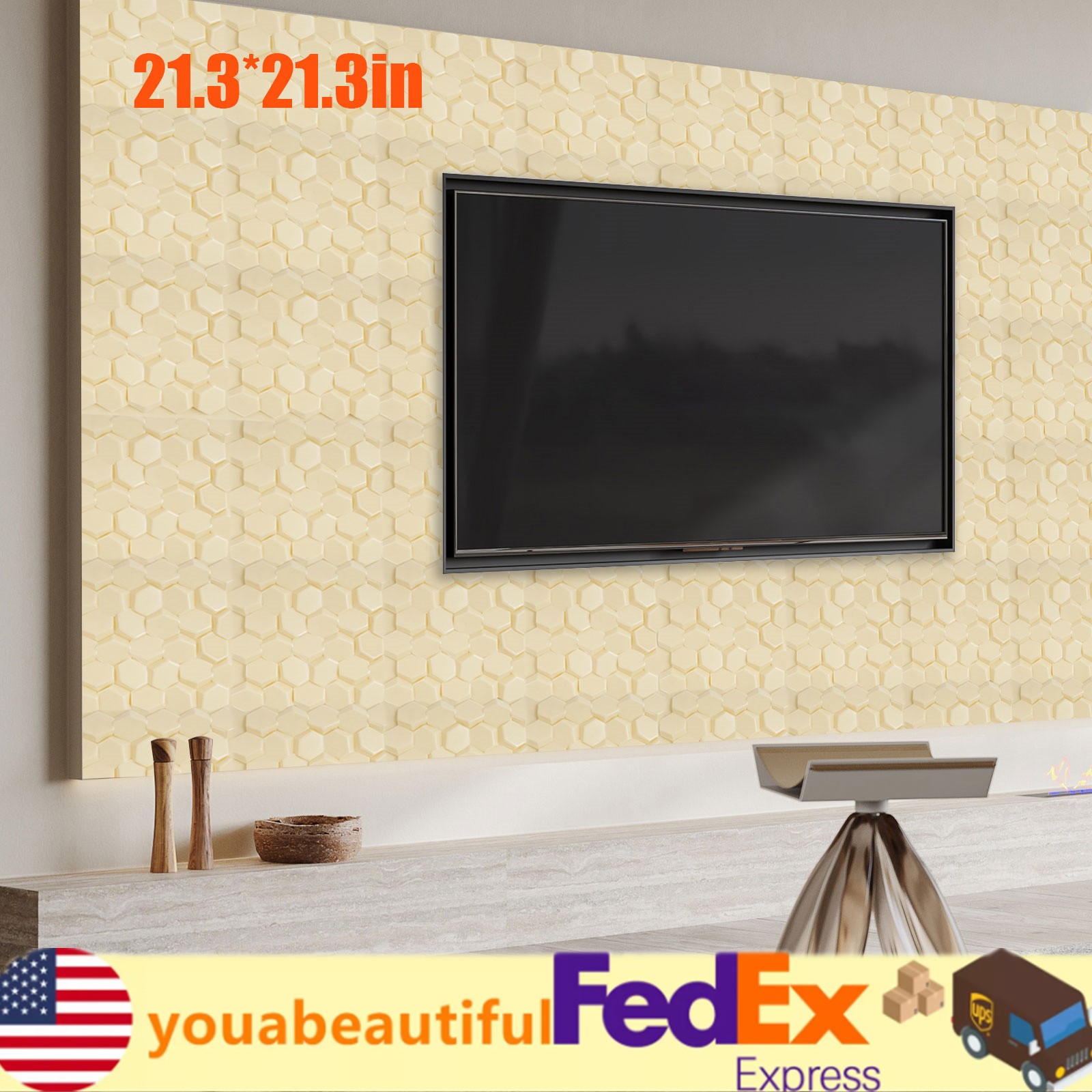 Beige 21.3″ x 21.3″ 3D Honeycomb Tile Brick Wall Sticker Waterproof Wall Panels