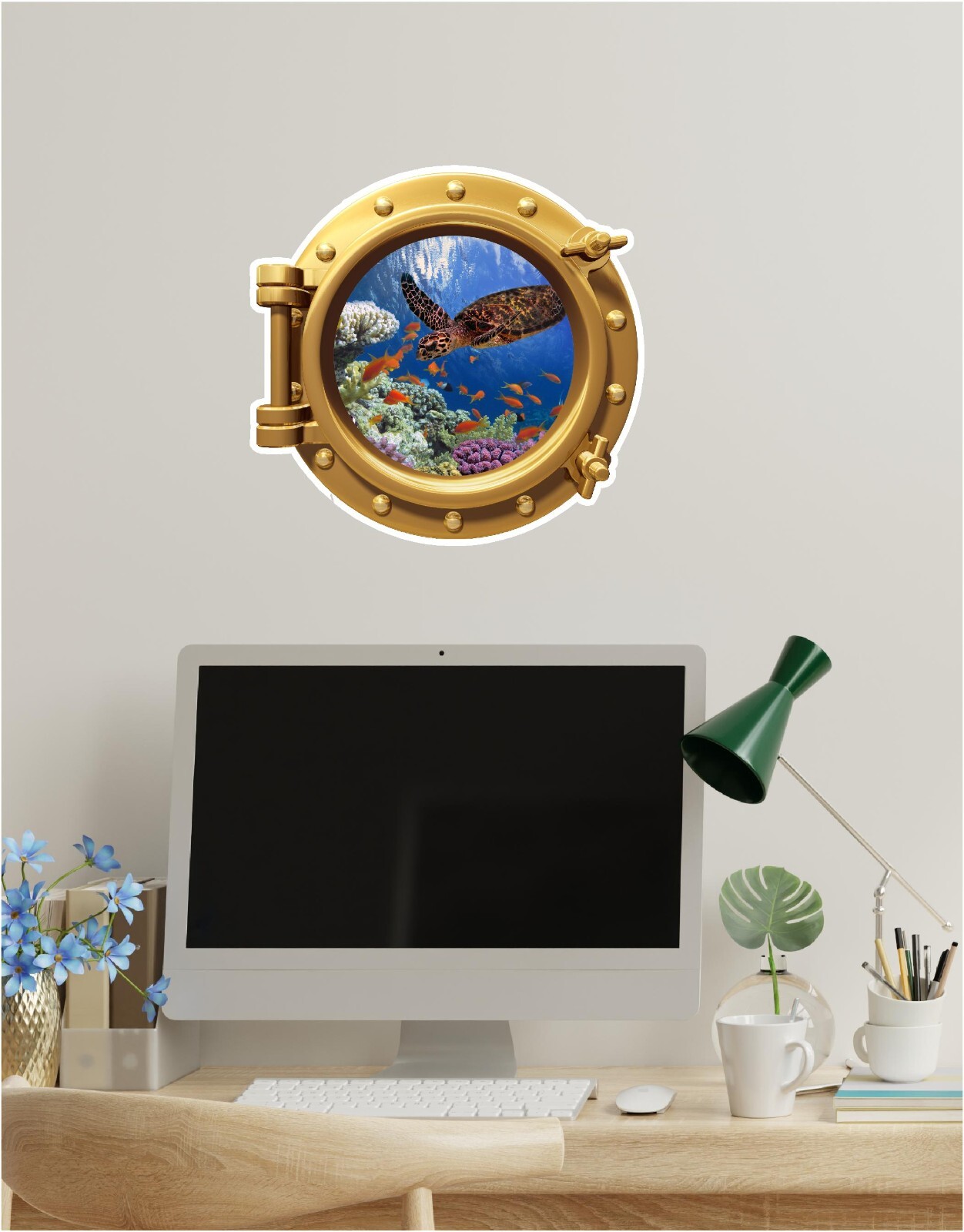 Ocean Coral Reef Turtle Fish Porthole Sticker Cute Decal Sea Beach Theme 16″x16″
