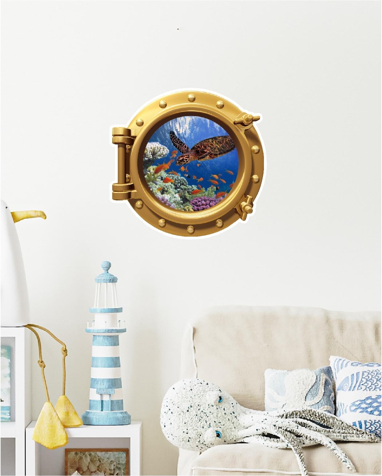 Ocean Coral Reef Turtle Fish Porthole Sticker Cute Decal Sea Beach Theme 16″x16″