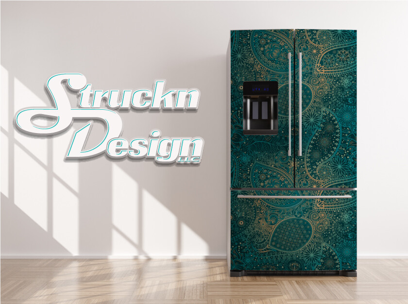 Vintage Floral Motif Pattern Teal Gold Fridge Freezer Wrap Side Door Vinyl Decal