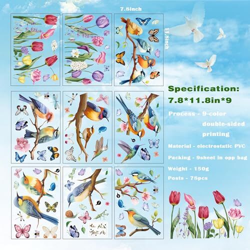 Spring Window Cling Sticker – 78PCS Tulip Butterfly Flower Hummingbirds