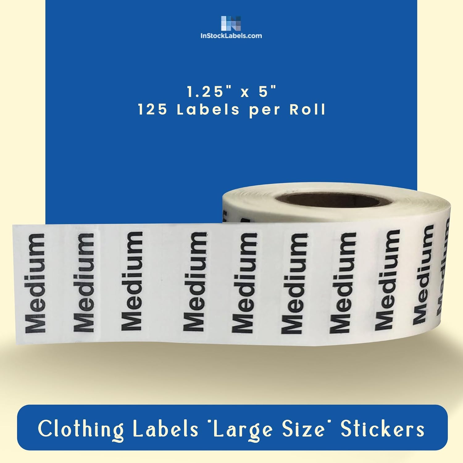 Medium Clothing Labels – Clear Size Strip Stickers with Black Text, 1.25 X 5 Inc