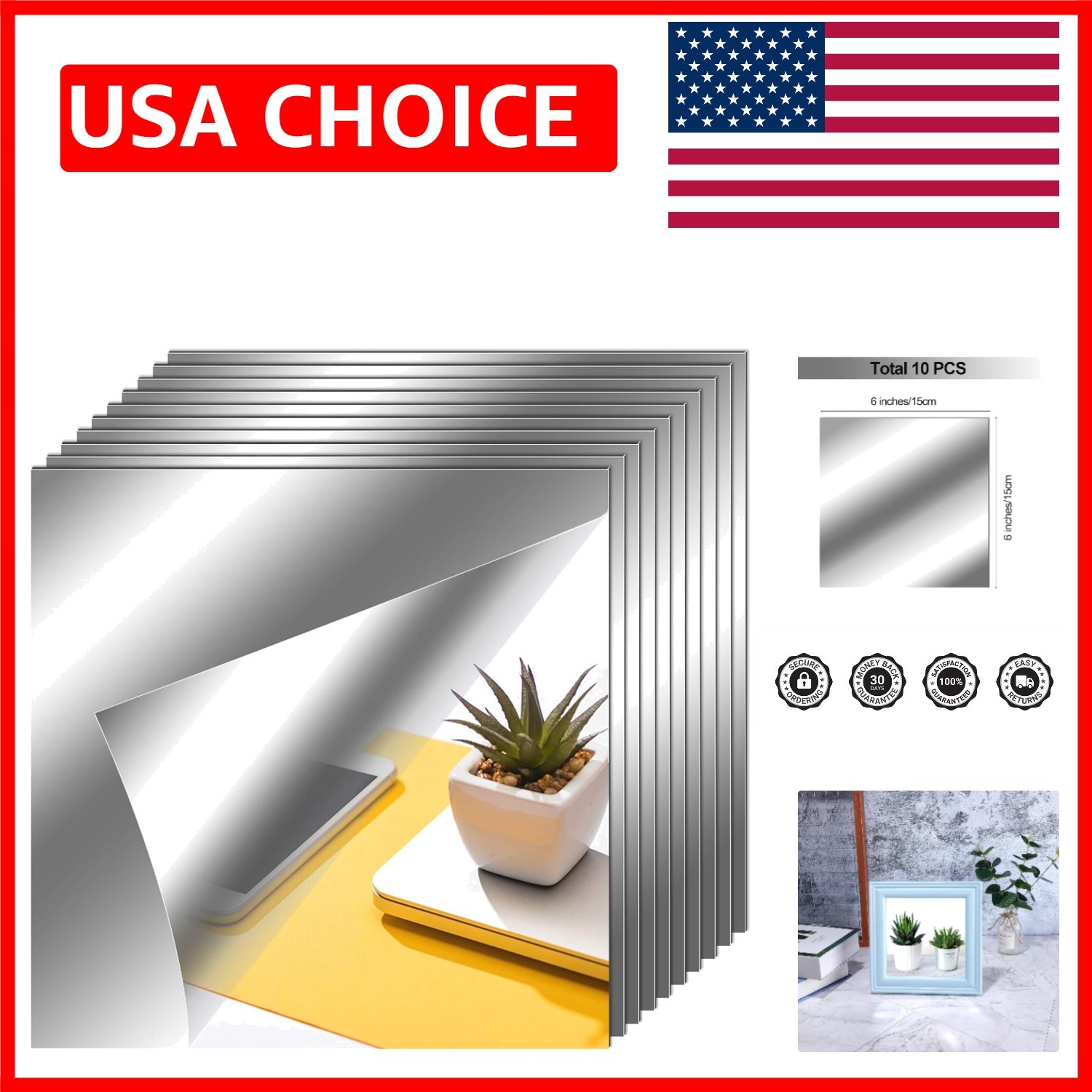 10-Piece Self-Adhesive Flexible Mirror Tiles, 6×6 Inches Elegant Decor Solutions