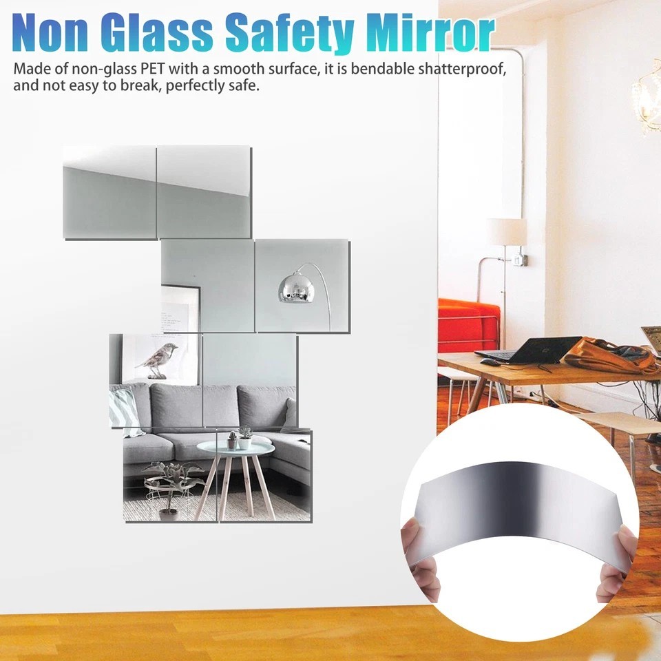 12Pcs 2-Size Self Adhesive Mirror Sheets Reflective Wall Sticker Film Home Decor
