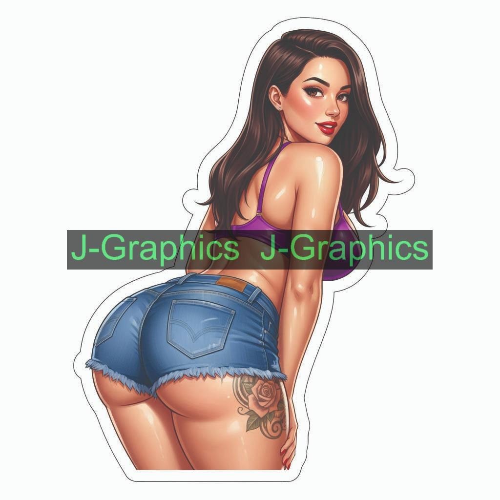 Pinup girl push sticker vinyl decal corset busty cheeky sexy seductive K