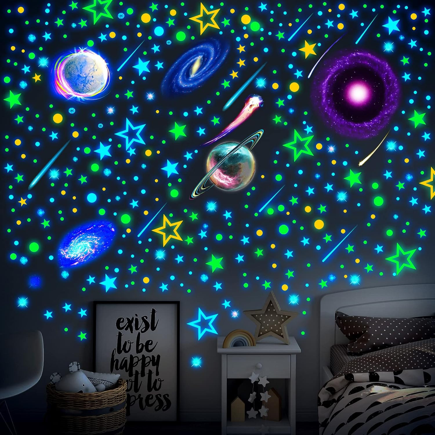 495 Pcs Glow in the Dark Moons and Stars Wall Decals for Ceiling,Glowing Plan…
