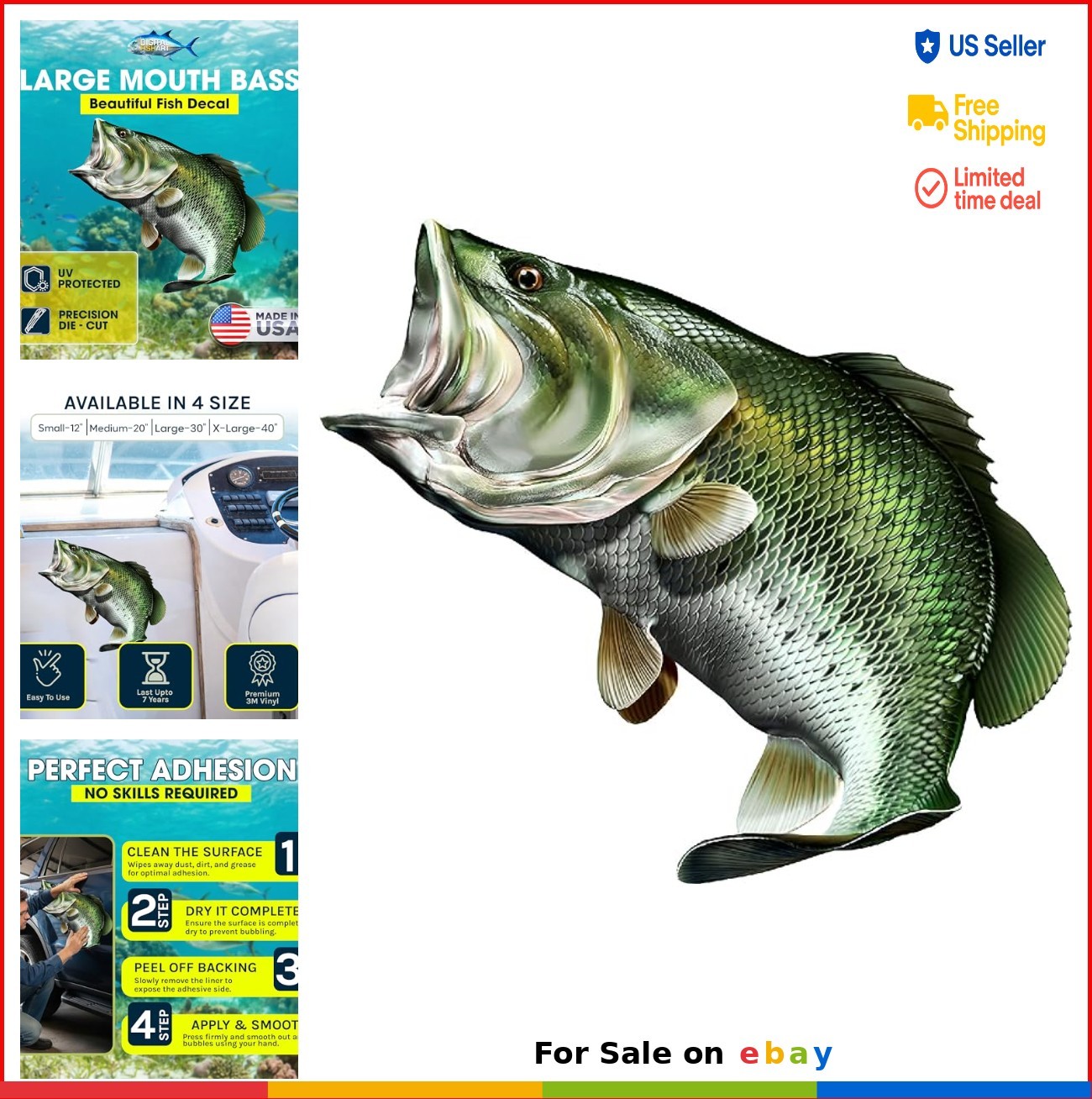 Large Mouth Bass Fish Decal Waterproof Vinyl Sticker for Boat Car Truck 40 Inch