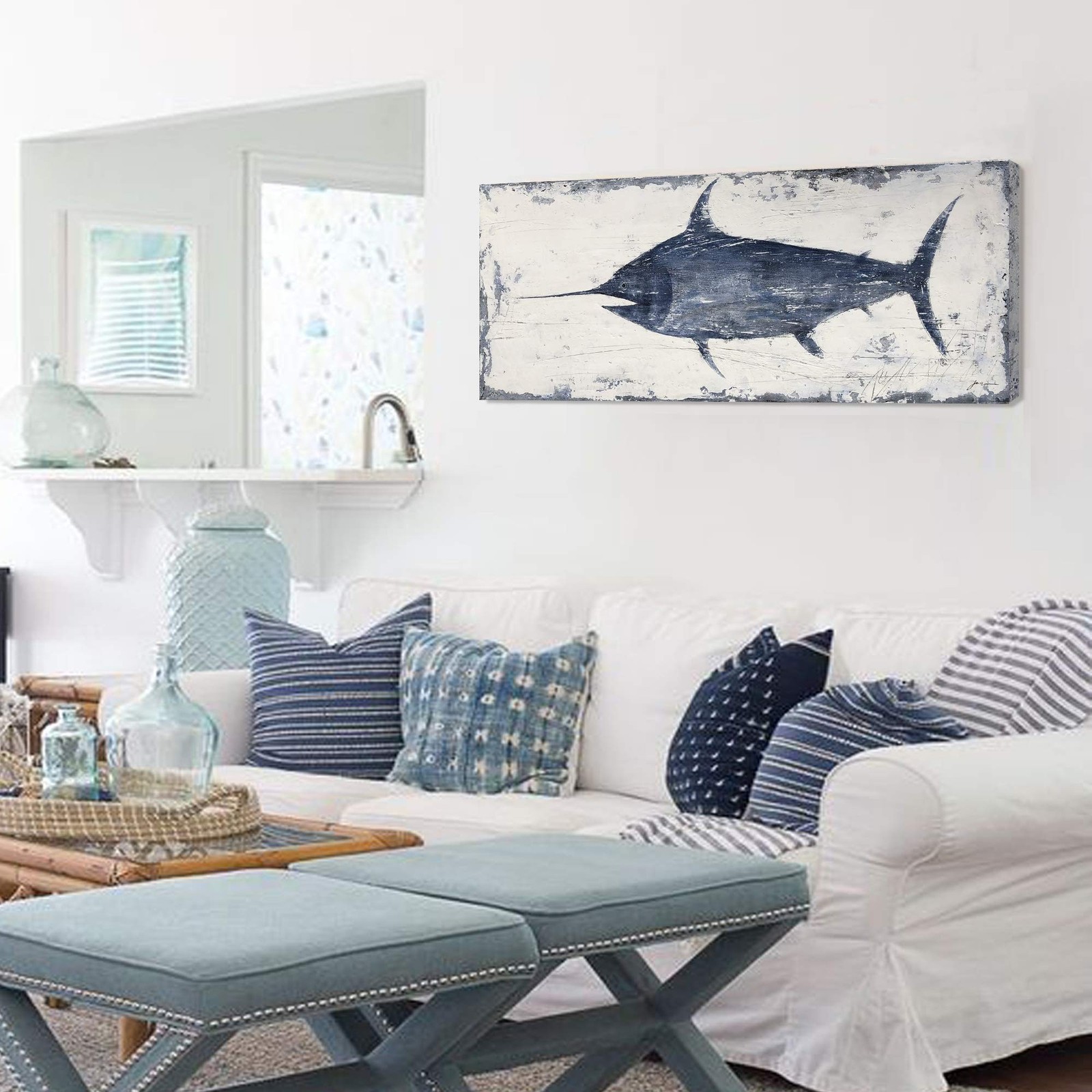 Bedroom Decor Canvas Wall Art Indigo Swordfish Pattern Prints Posters Bathroo…
