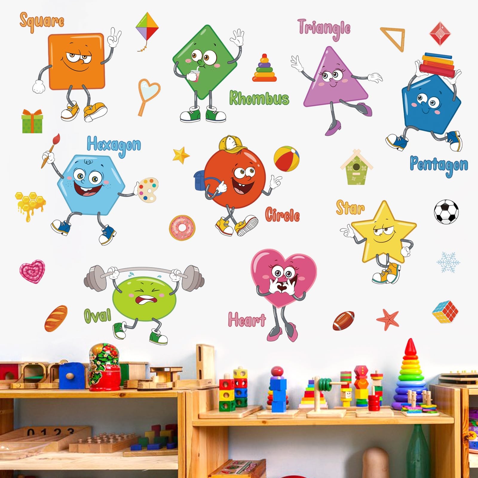 Colorful Shapes Wall Stickers Educational Learning Geometry Peel and Stick Wa…