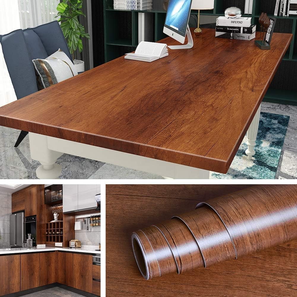 Livelynine Brown Wood Contact Paper Waterproof Kitchen Cabinet Wallpaper Peel…