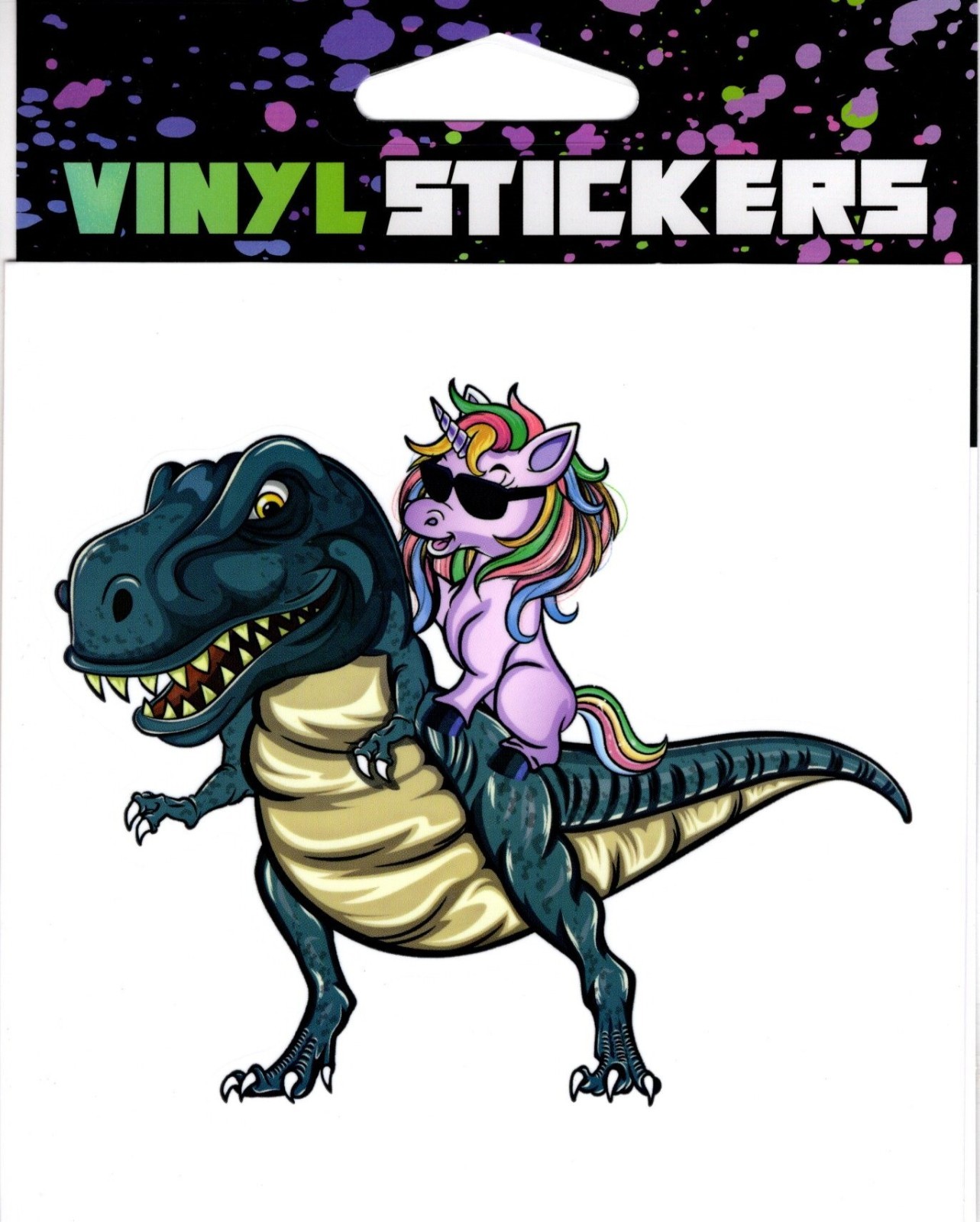 “Unicorn” riding a T-Rex Vinyl Sticker – 4.25in x 4.25in