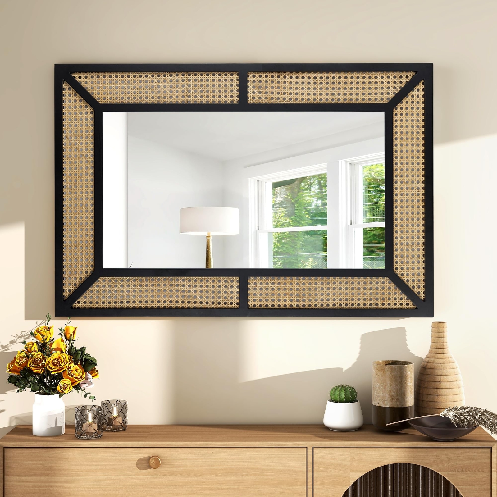 Rattan Mirror for Wall Decor Bohemian Rectangular Large Mirror, Boho Decorati…