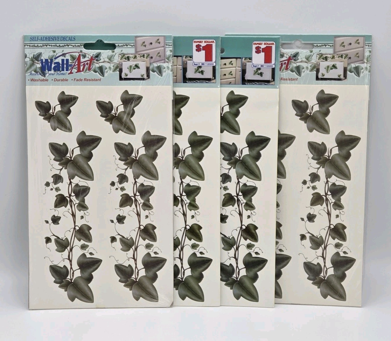 Wall Art Self Adhesive Decals Green Ivy Washable Fade Resistant New Lot of 4