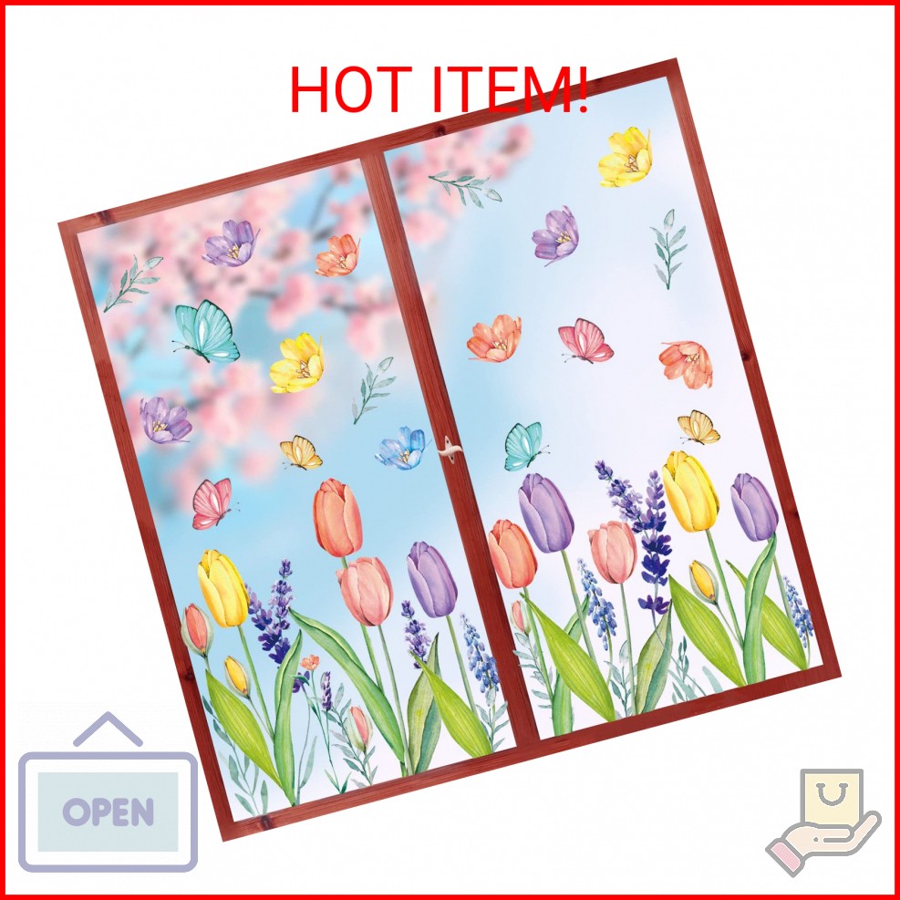 Horaldaily 67 PCS Spring Summer Window Cling Sticker, Tulip Butterfly Flower Dec