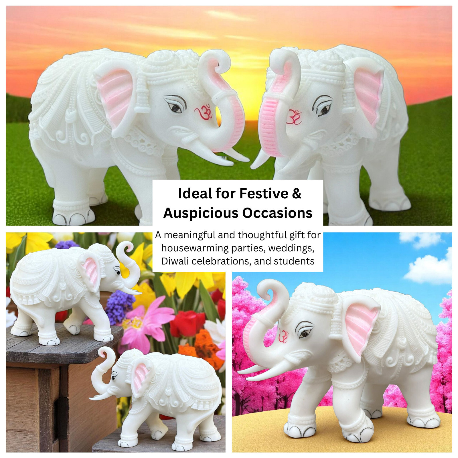 White Marble Elephant Statue Pair 5×6 Inches, Trunk Up Decorative Elephant Idols