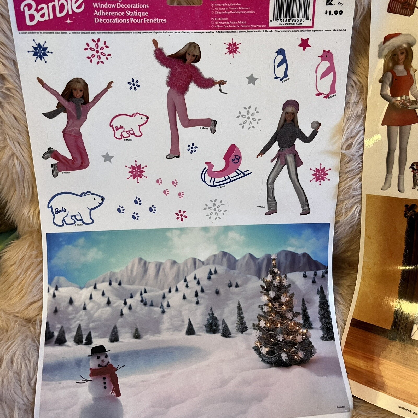 1999 Mattel BARBIE Doll Static Cling Window Decorations Happy Holidays set