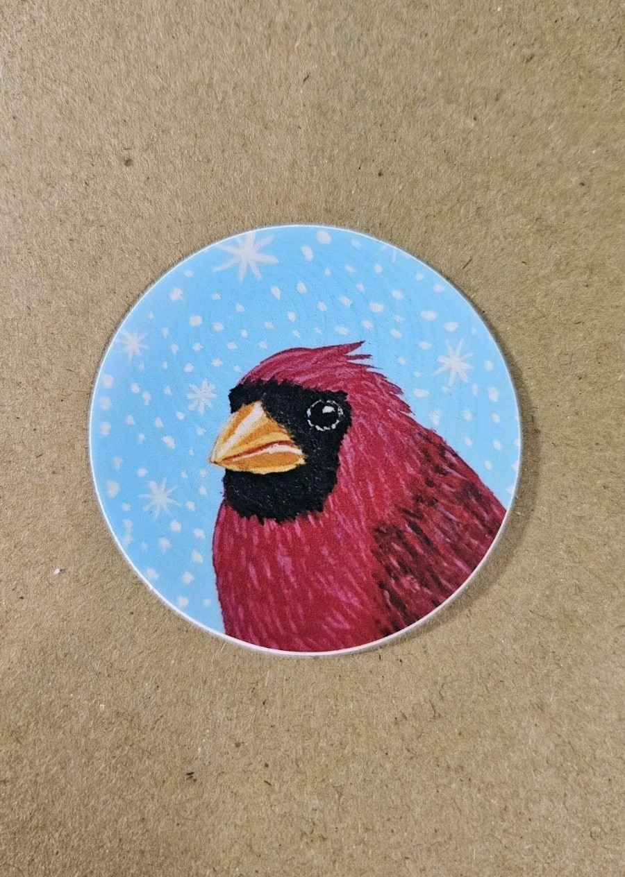 Cardinal Sticker Matte Vinyl, Original Art, 2″ Circle Sticker of Snowy Red Bird