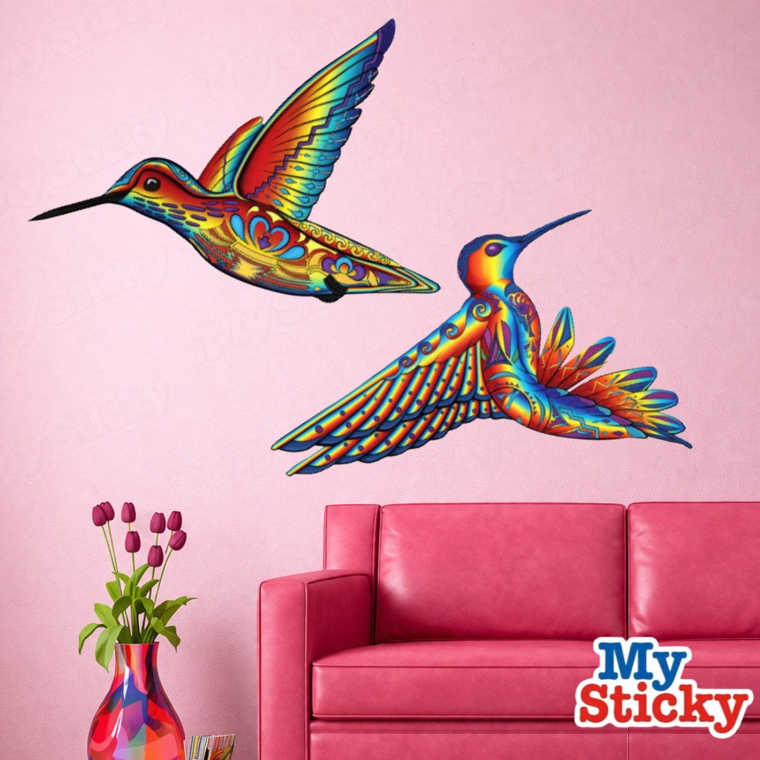 Southwestern Geometric Rainbow Hummingbirds In Flight Wall Decal Boho Art Decor