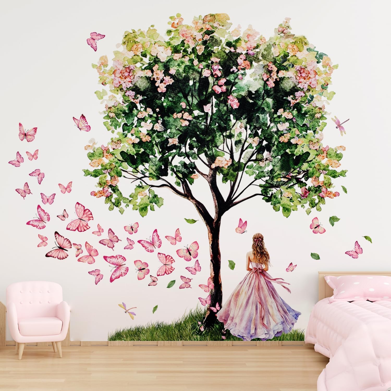 Flower Tree Wall Stickers Butterfly Girl Wall Decals 2 Sheets Peel and Stick …