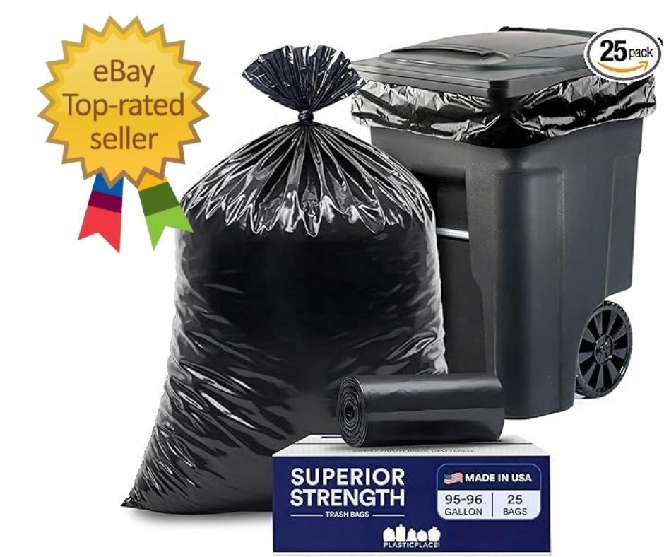 95-96 Gallon Garbage Can Liners │ 2 Mil │ Black Heavy Duty Trash Bags │ 61” x 68