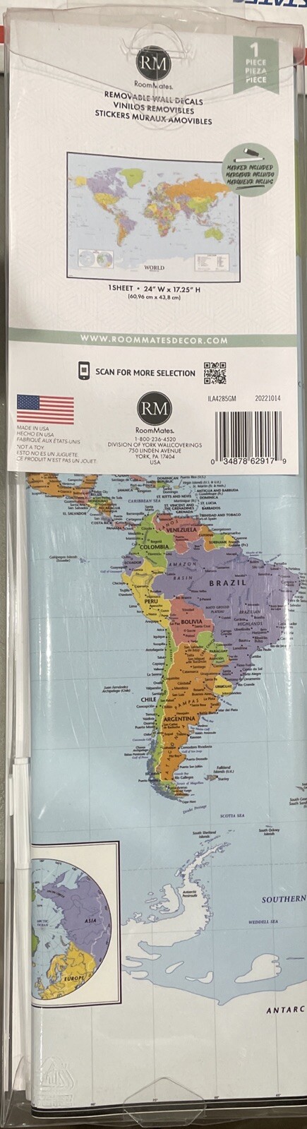 WORLD MAP RoomMates PEEL & STICK WALL DECALS NEW BOX 17.25 X24.0”, Dry-Erase Pen