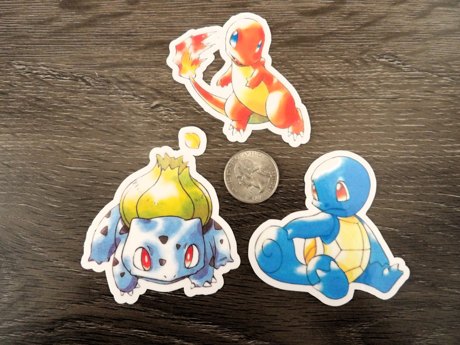 Gen 1 Starters Bulbasaur, Charmander, Squirtle Stickers – Lot of 3 – Red & Blue